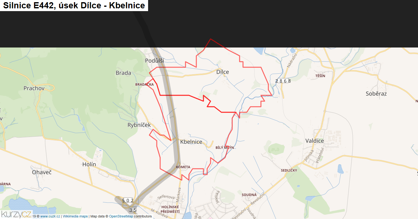 Úsek Dílce - Kbelnice, Silnice E442 - Mapa