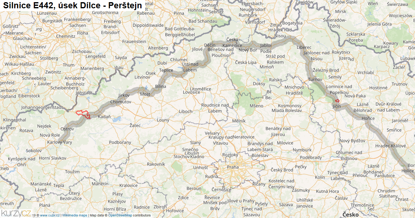 Úsek Dílce - Perštejn, Silnice E442 - Mapa