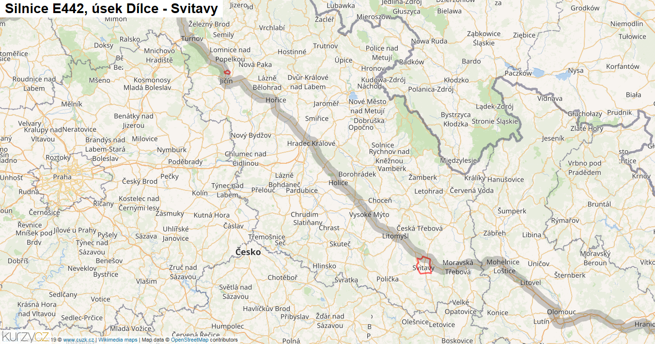 Úsek Dílce - Svitavy, Silnice E442 - Mapa