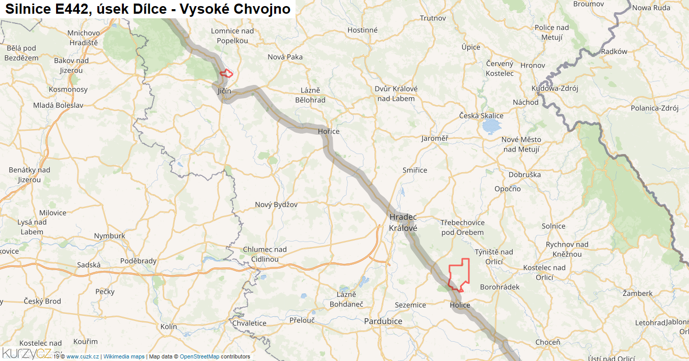 Úsek Dílce - Vysoké Chvojno, Silnice E442 - Mapa