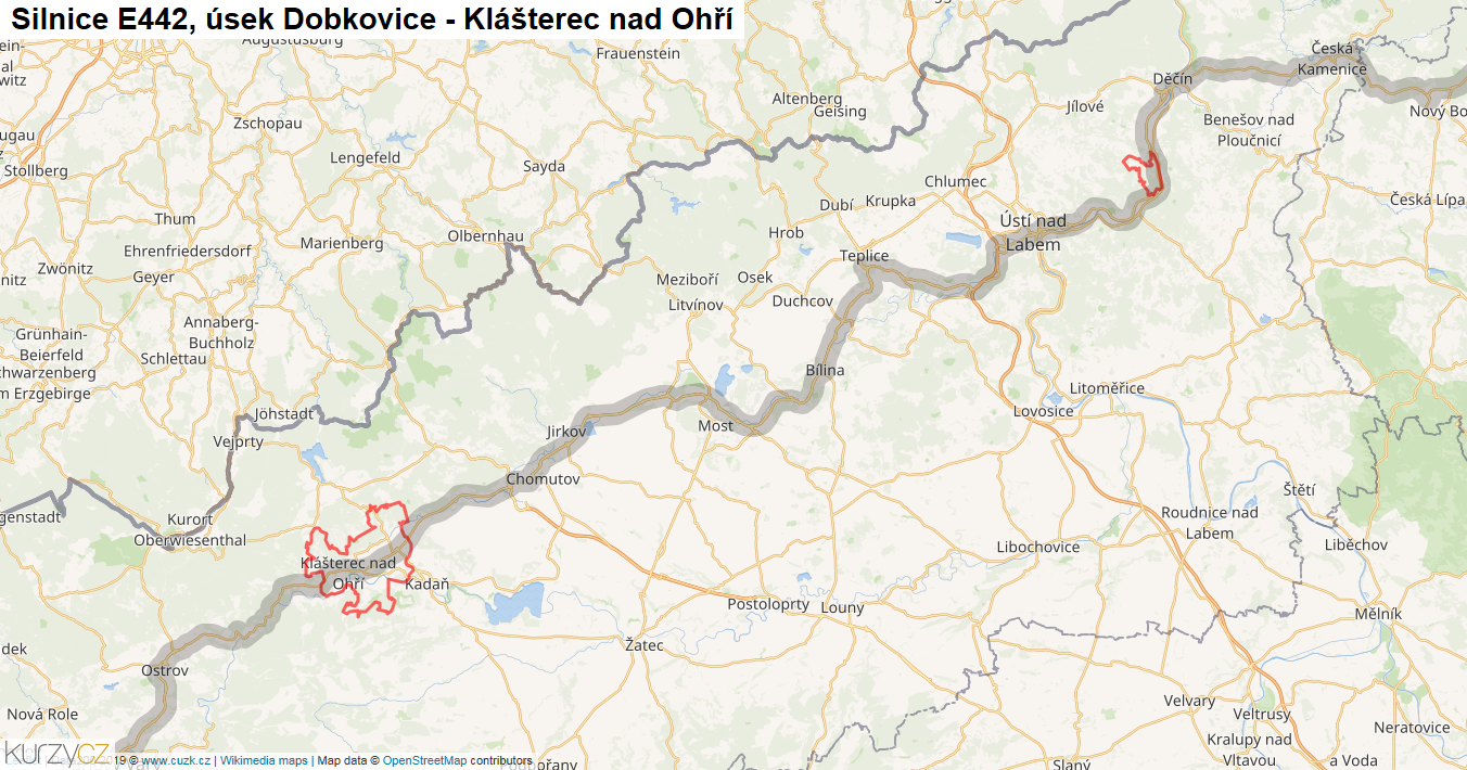 Úsek Dobkovice - Klášterec nad Ohří, Silnice E442 - Mapa