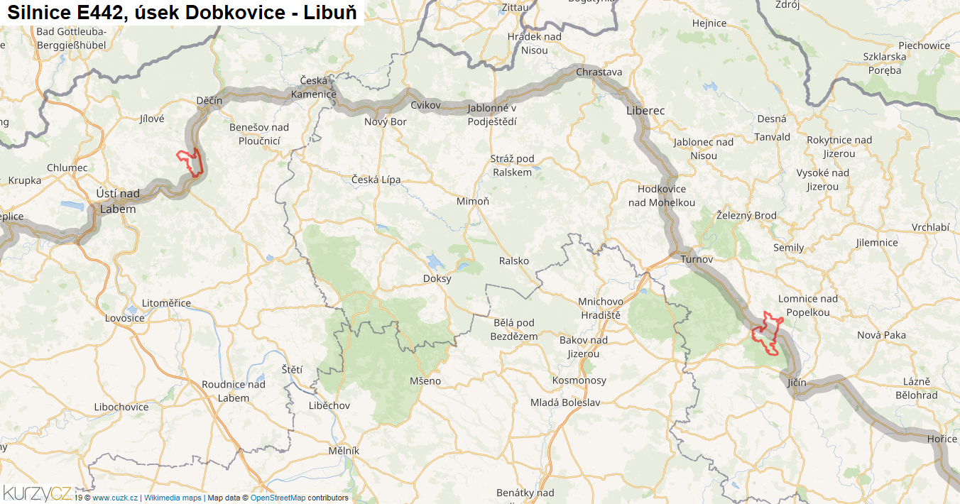 Úsek Dobkovice - Libuň, Silnice E442 - Mapa