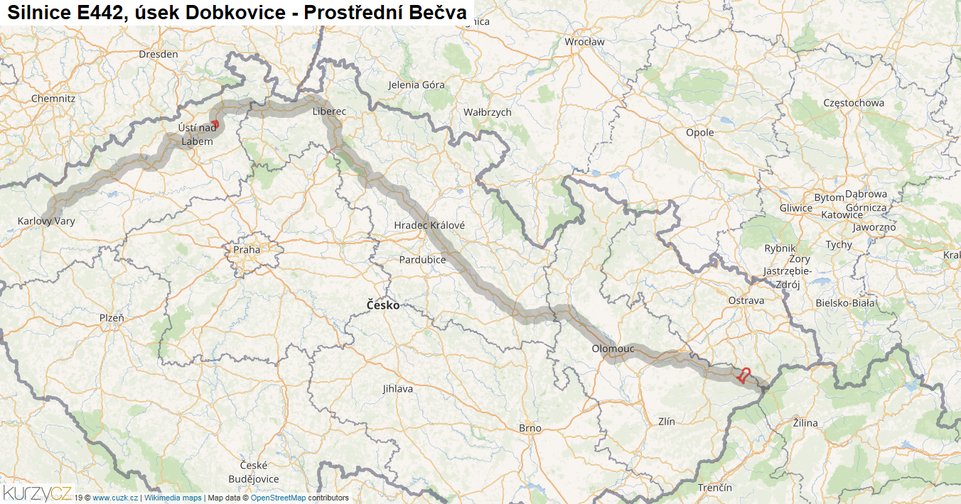 Úsek Dobkovice - Prostřední Bečva, Silnice E442 - Mapa