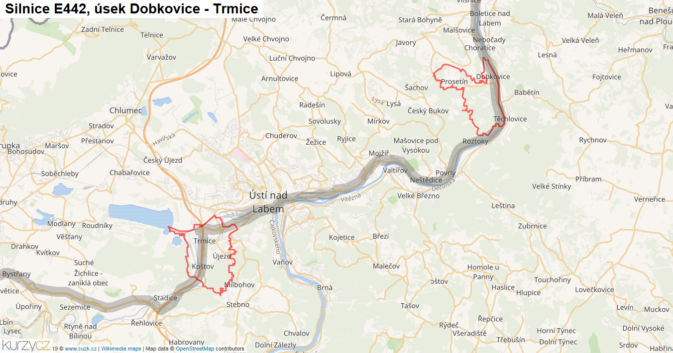 Úsek Dobkovice - Trmice, Silnice E442 - Mapa