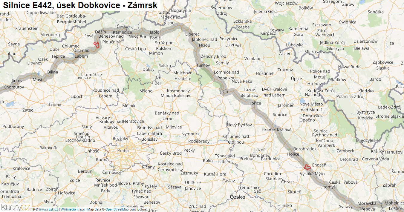 Úsek Dobkovice - Zámrsk, Silnice E442 - Mapa