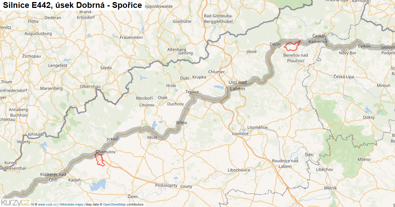 Úsek Dobrná - Spořice, Silnice E442 - Mapa