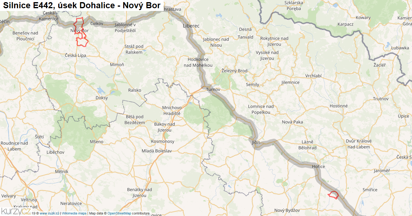 Úsek Dohalice - Nový Bor, Silnice E442 - Mapa