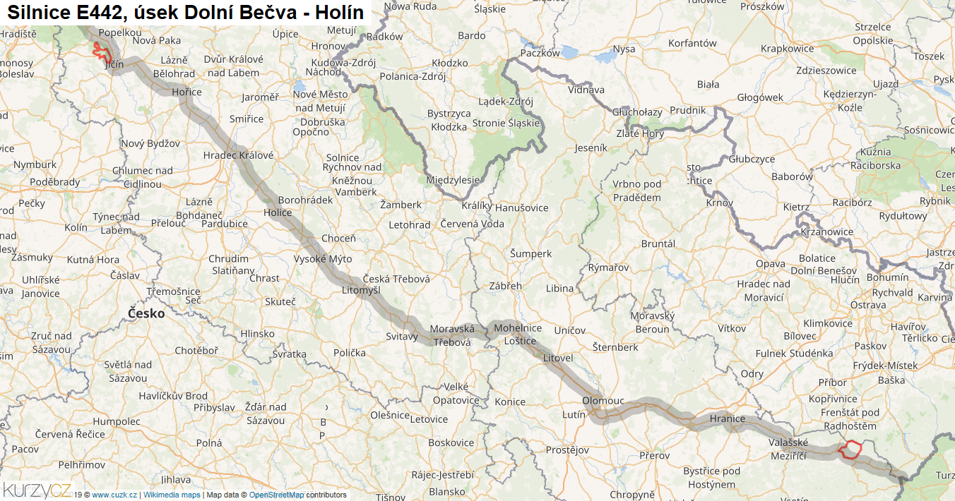 Úsek Dolní Bečva - Holín, Silnice E442 - Mapa