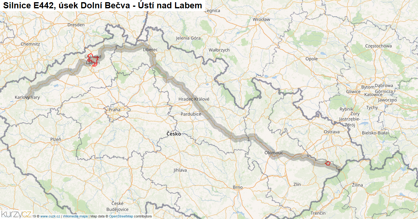 Úsek Dolní Bečva - Ústí nad Labem, Silnice E442 - Mapa