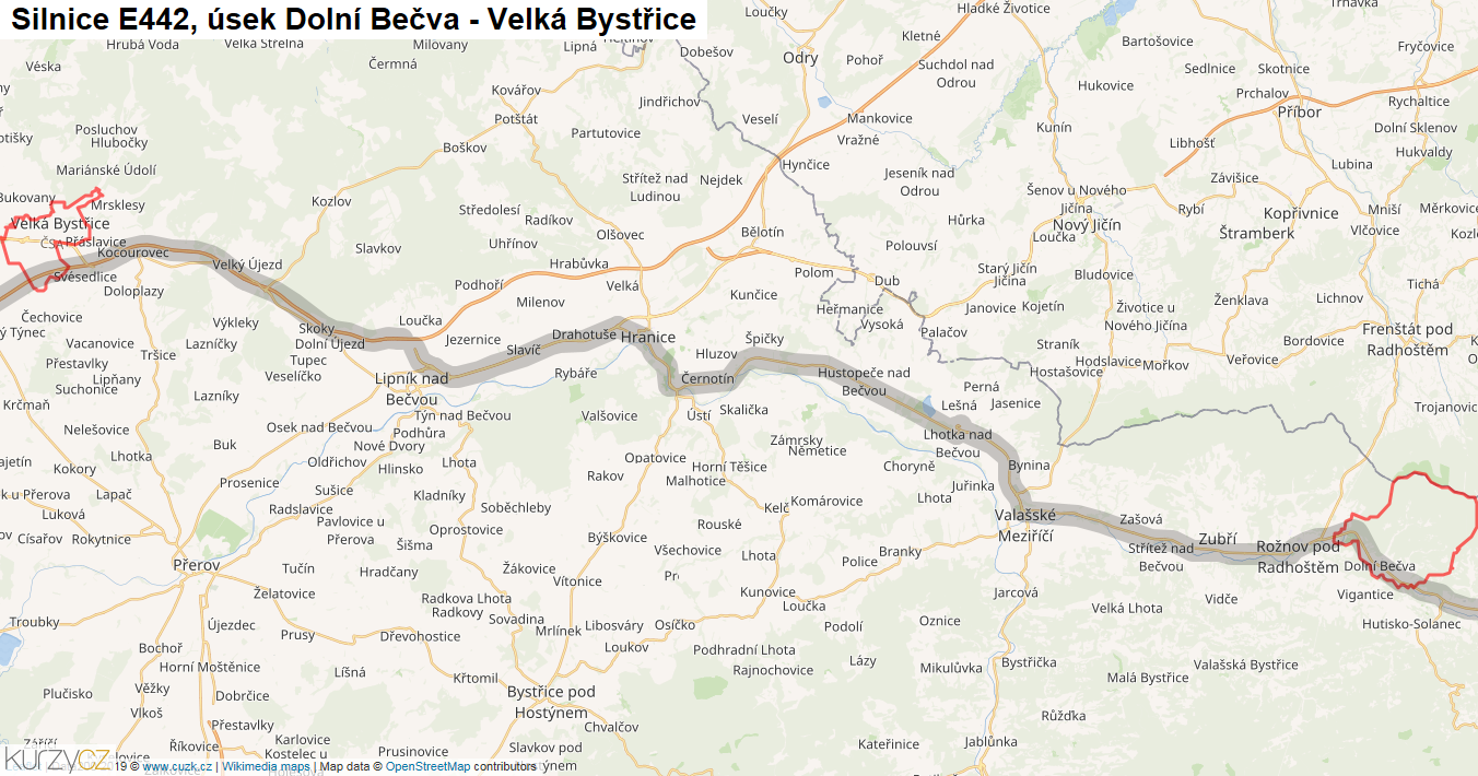 Úsek Dolní Bečva - Velká Bystřice, Silnice E442 - Mapa