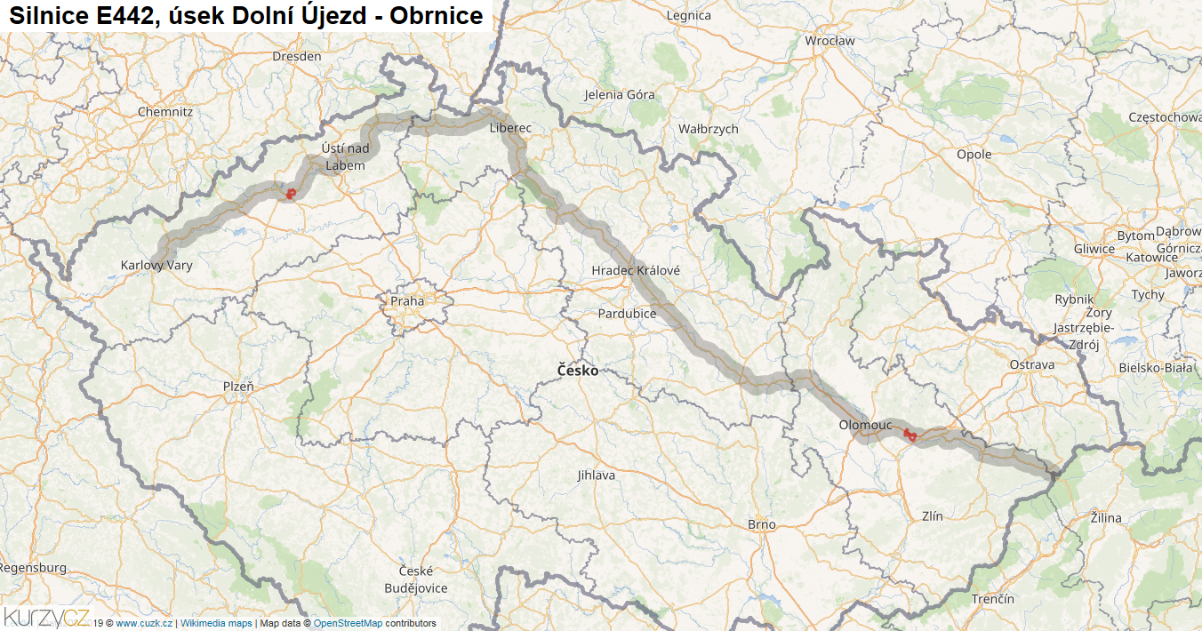 Úsek Dolní Újezd - Obrnice, Silnice E442 - Mapa