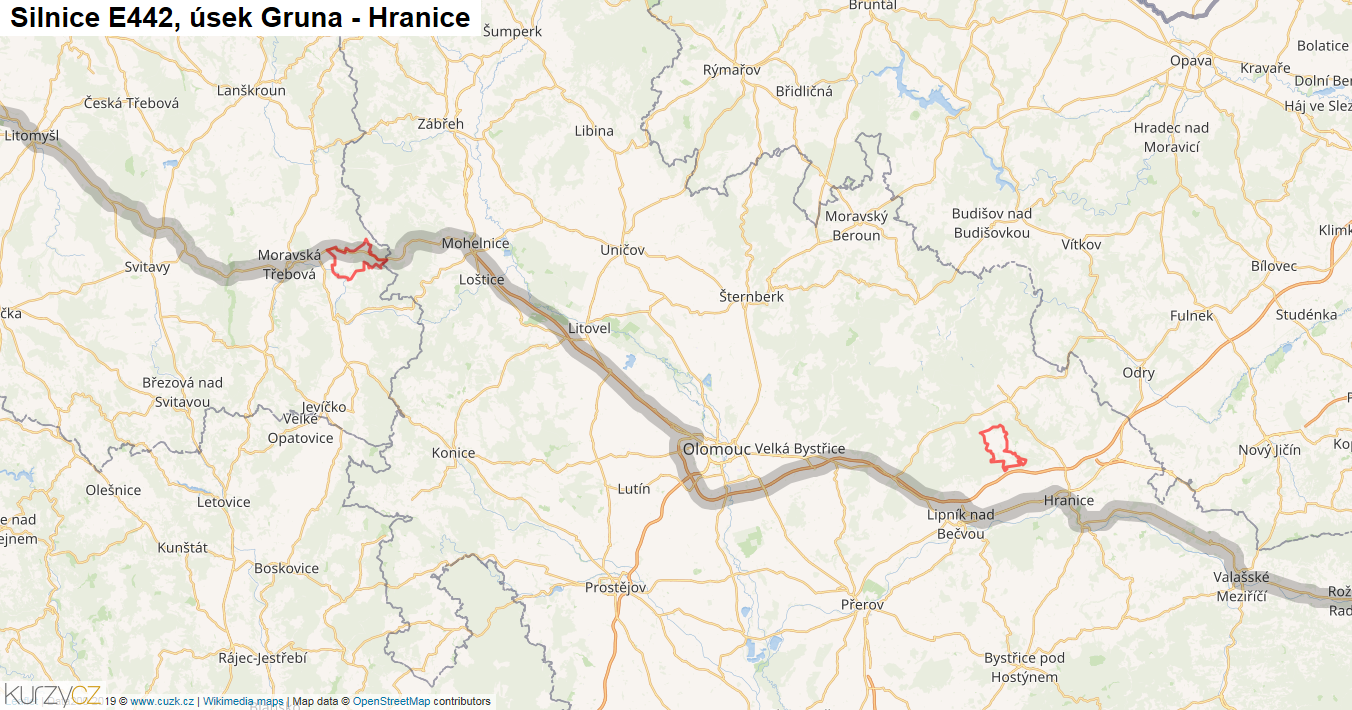 Úsek Gruna - Hranice, Silnice E442 - Mapa