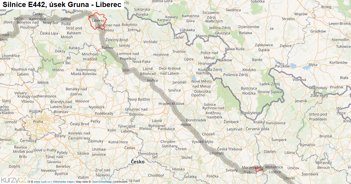 Úsek Gruna - Liberec, Silnice E442 - Mapa