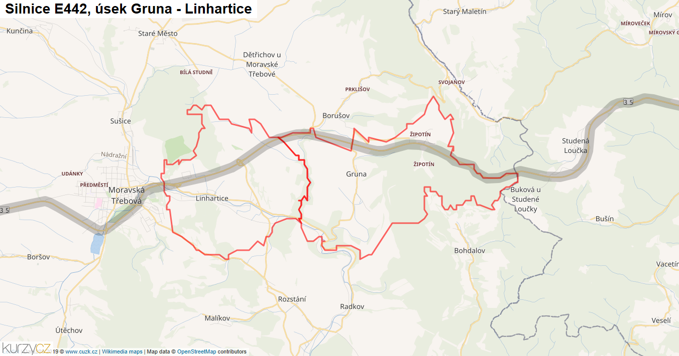 Úsek Gruna - Linhartice, Silnice E442 - Mapa