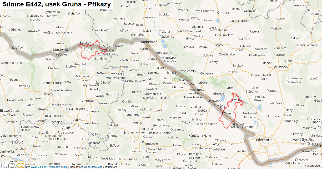 Úsek Gruna - Příkazy, Silnice E442 - Mapa