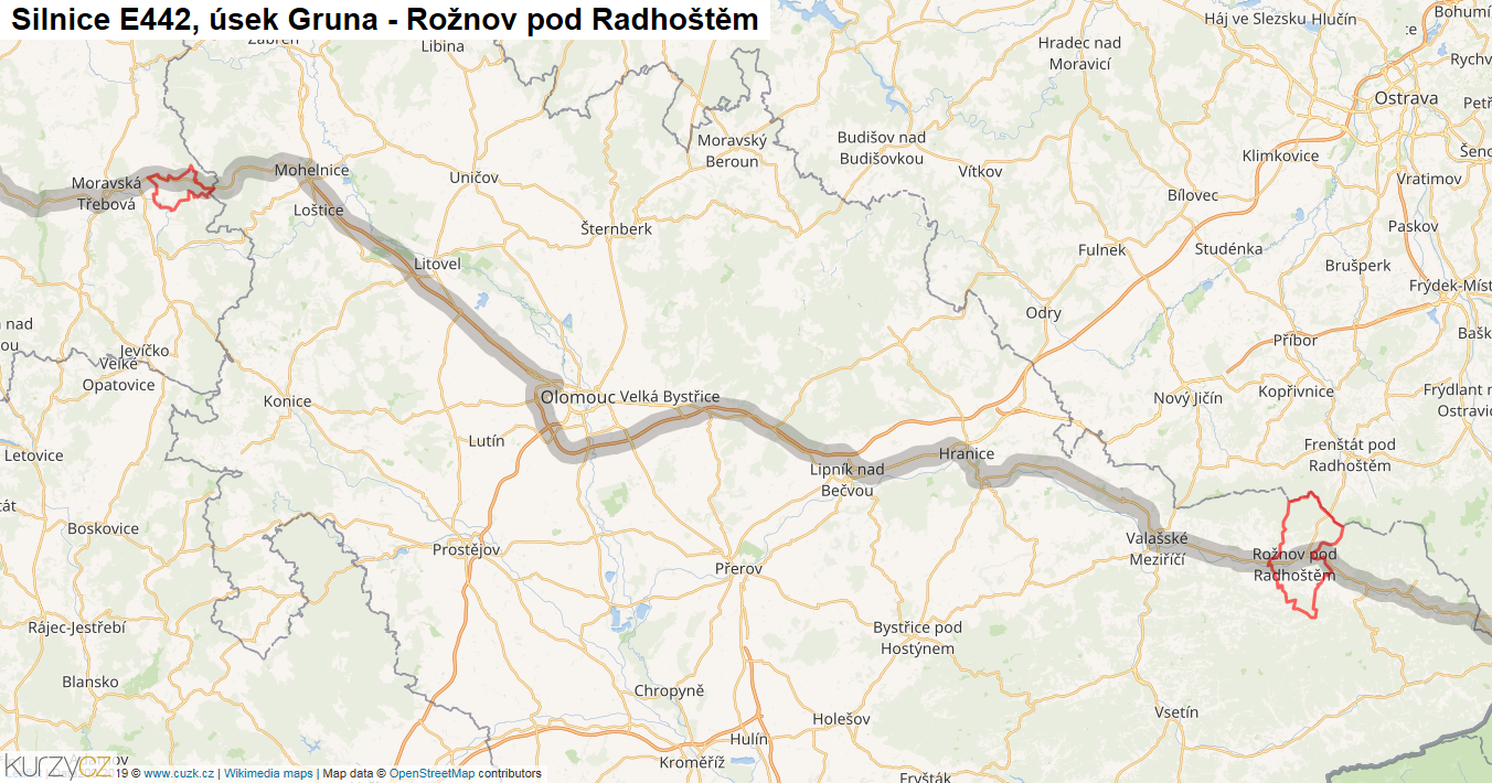 Úsek Gruna - Rožnov pod Radhoštěm, Silnice E442 - Mapa