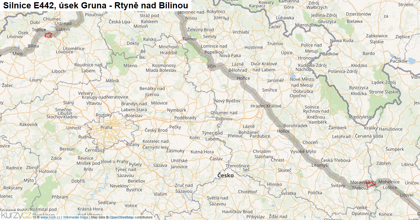 Úsek Gruna - Rtyně nad Bílinou, Silnice E442 - Mapa