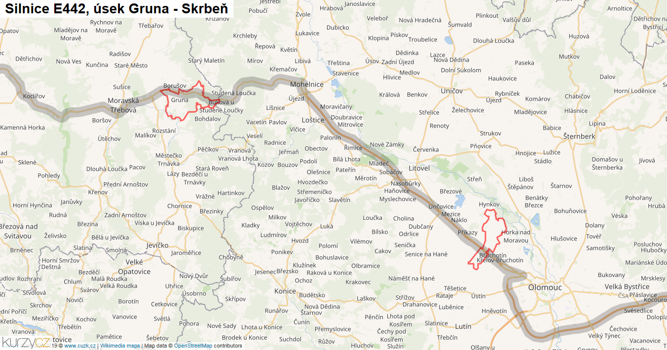 Úsek Gruna - Skrbeň, Silnice E442 - Mapa