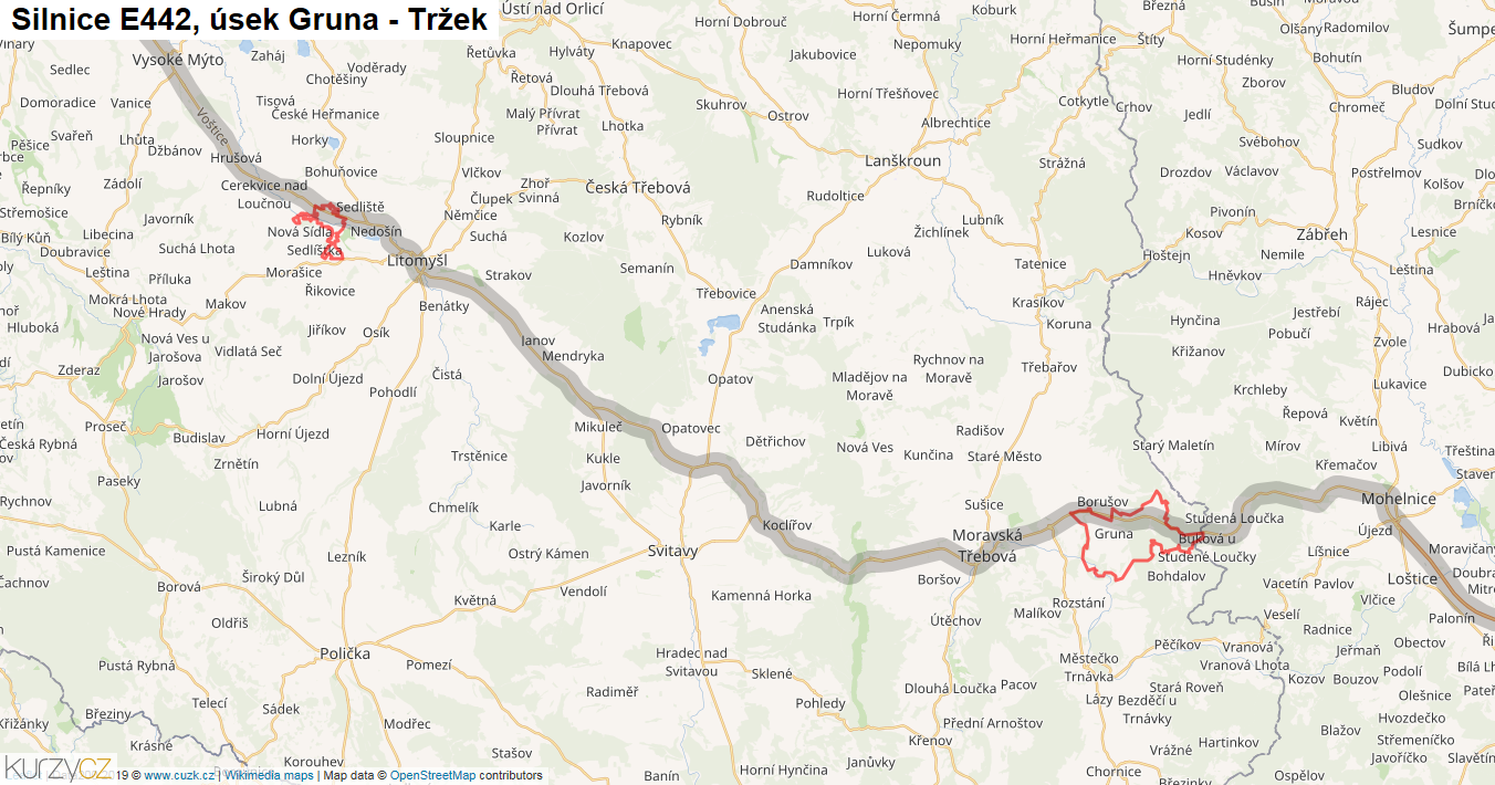 Úsek Gruna - Tržek, Silnice E442 - Mapa