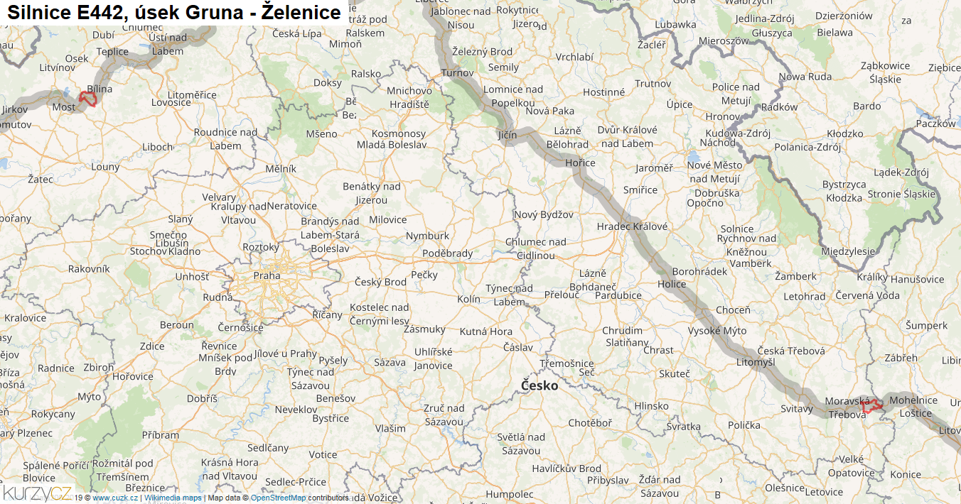 Úsek Gruna - Želenice, Silnice E442 - Mapa