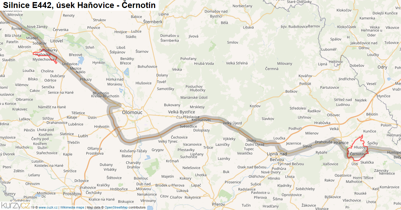 Úsek Haňovice - Černotín, Silnice E442 - Mapa