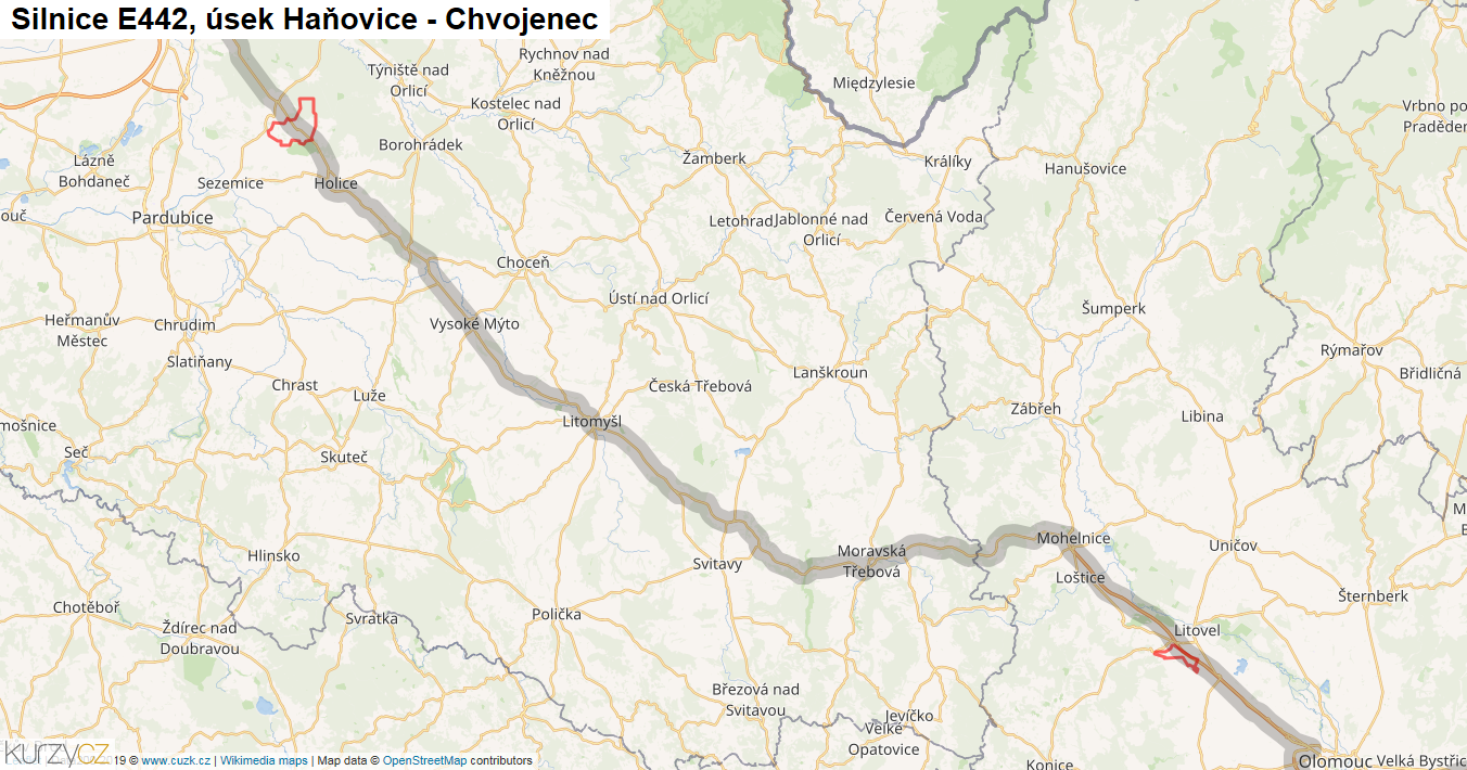 Úsek Haňovice - Chvojenec, Silnice E442 - Mapa