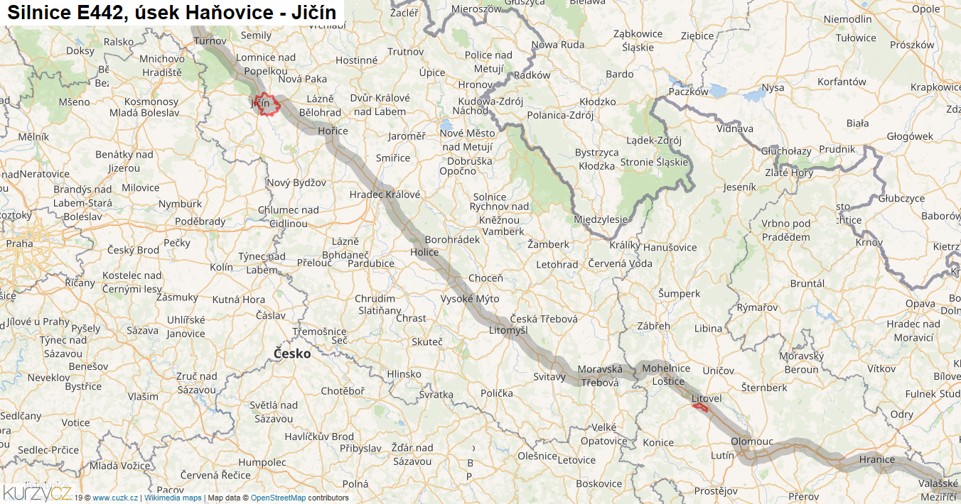 Úsek Haňovice - Jičín, Silnice E442 - Mapa