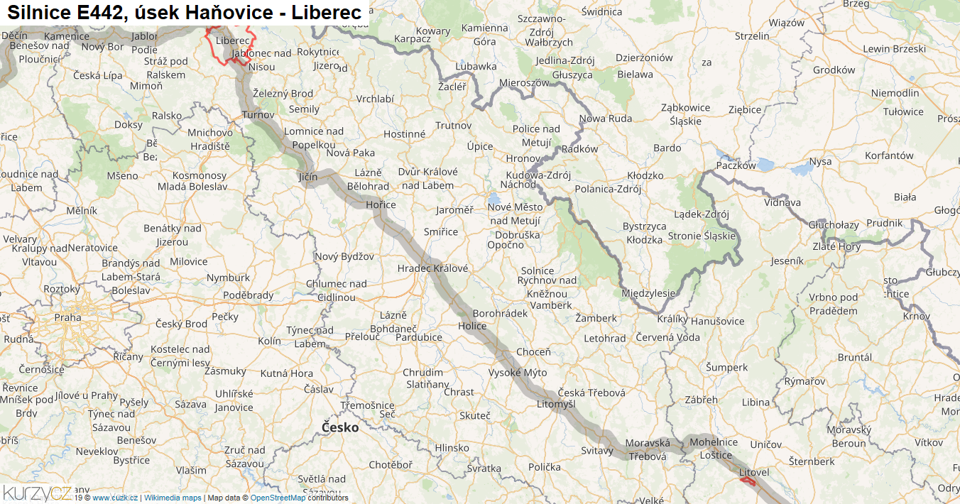 Úsek Haňovice - Liberec, Silnice E442 - Mapa