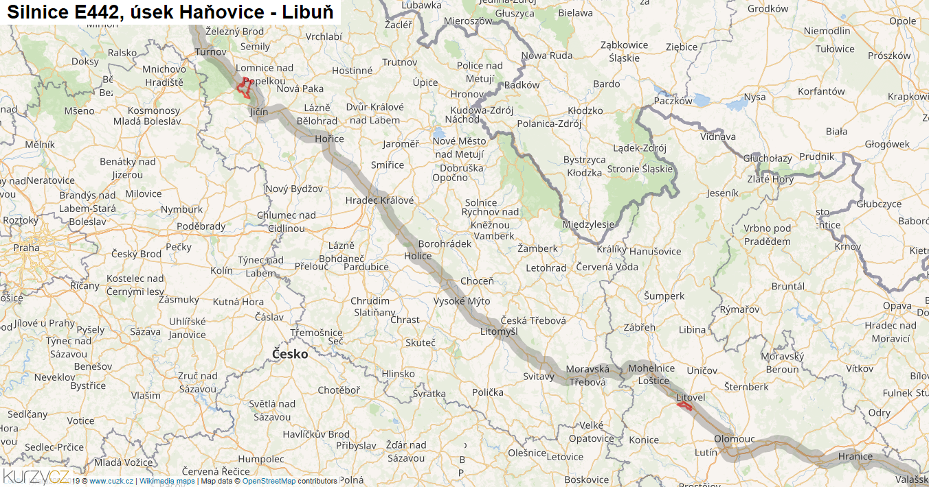 Úsek Haňovice - Libuň, Silnice E442 - Mapa