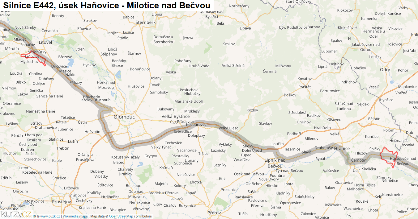 Úsek Haňovice - Milotice nad Bečvou, Silnice E442 - Mapa
