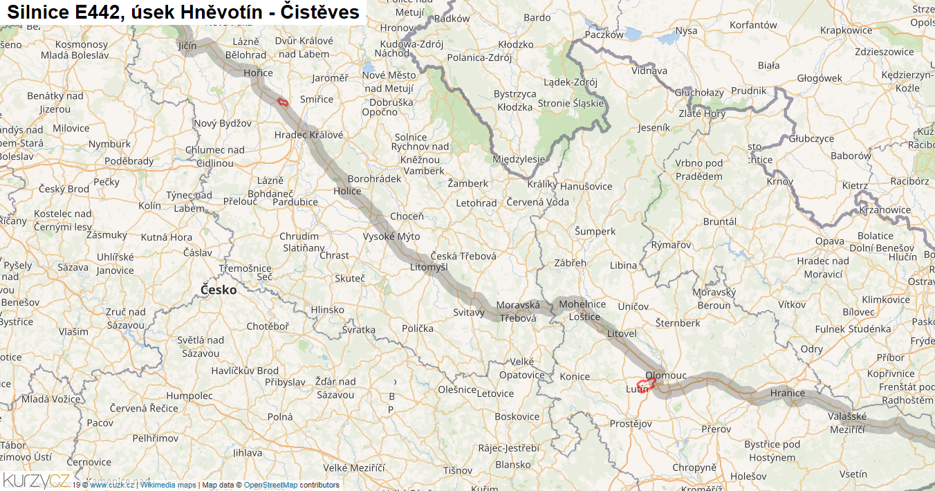 Úsek Hněvotín - Čistěves, Silnice E442 - Mapa