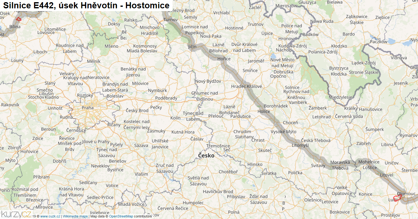 Úsek Hněvotín - Hostomice, Silnice E442 - Mapa