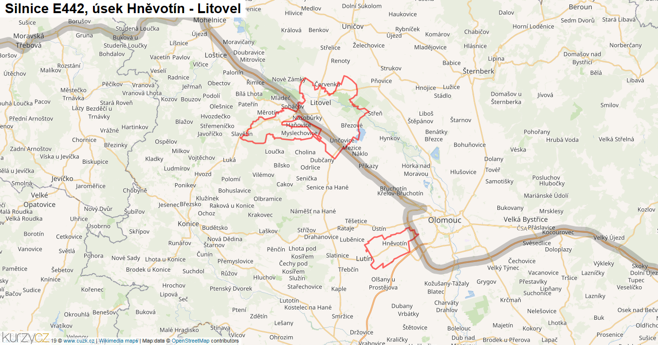 Úsek Hněvotín - Litovel, Silnice E442 - Mapa