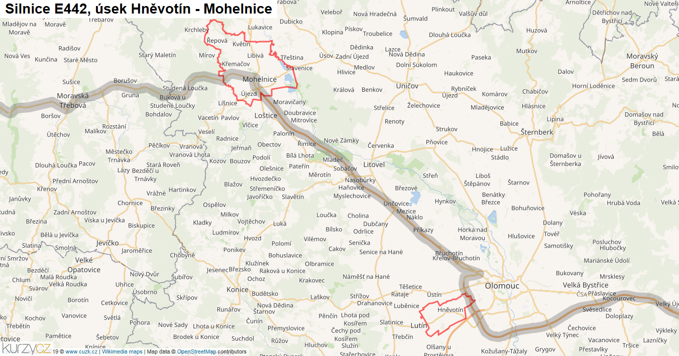 Úsek Hněvotín - Mohelnice, Silnice E442 - Mapa