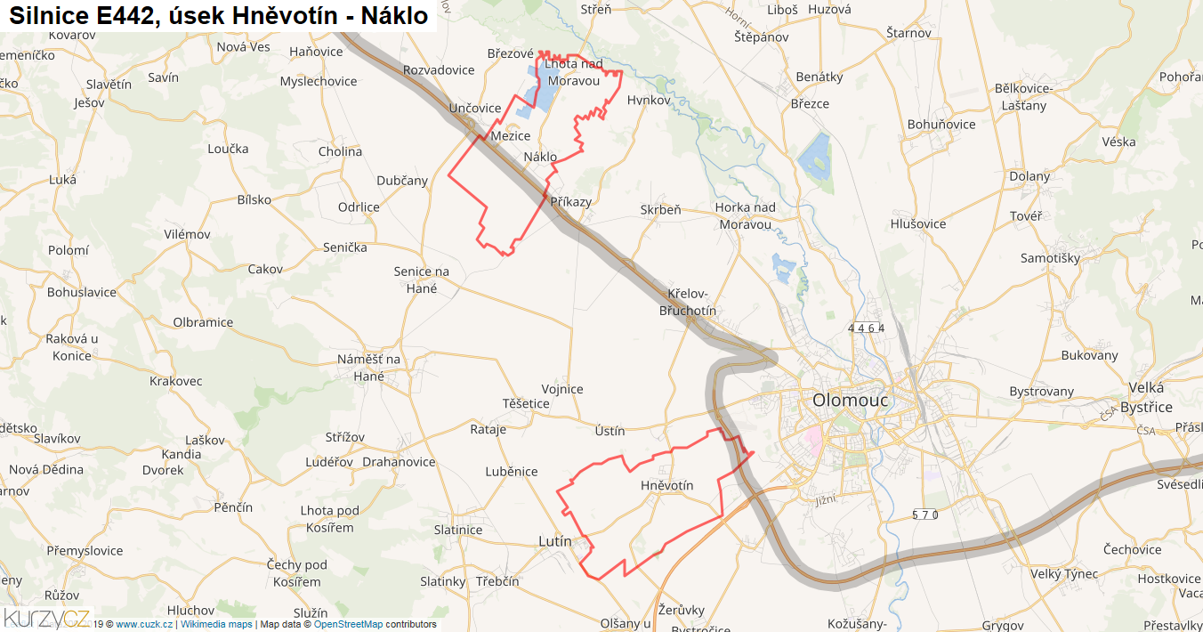 Úsek Hněvotín - Náklo, Silnice E442 - Mapa