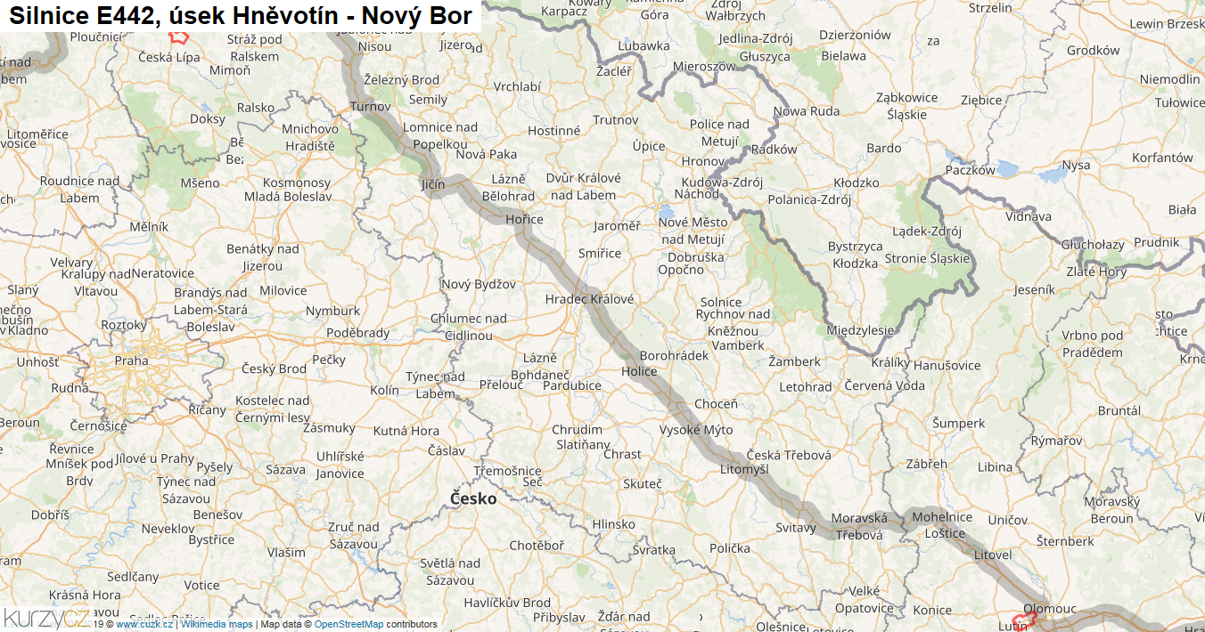 Úsek Hněvotín - Nový Bor, Silnice E442 - Mapa