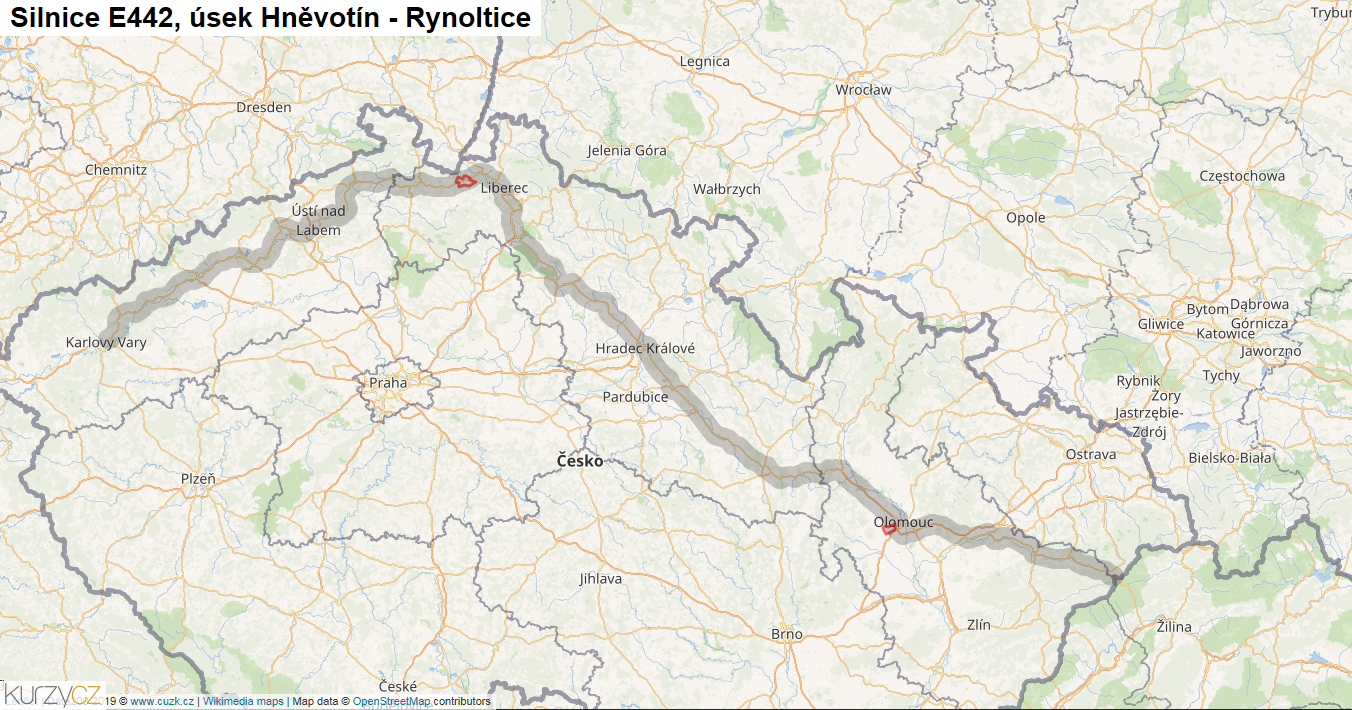 Úsek Hněvotín - Rynoltice, Silnice E442 - Mapa