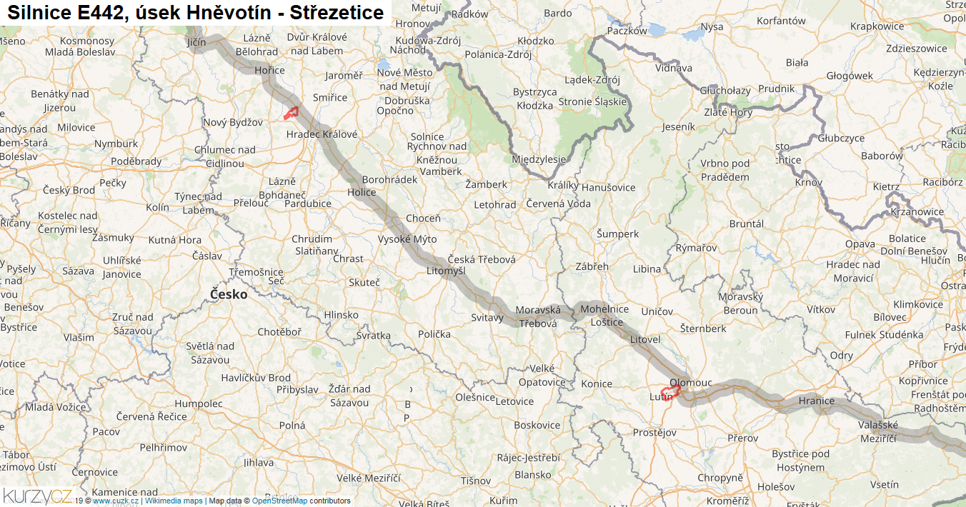 Úsek Hněvotín - Střezetice, Silnice E442 - Mapa