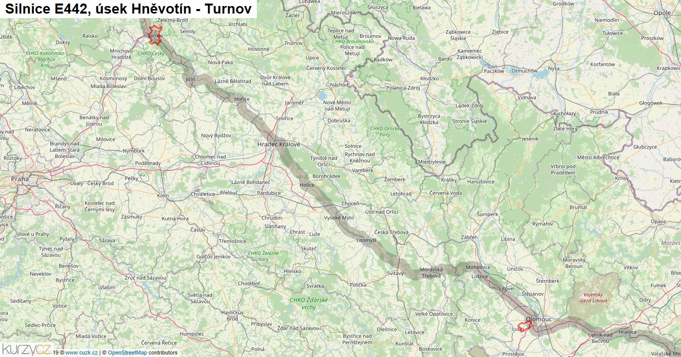 Úsek Hněvotín - Turnov, Silnice E442 - Mapa