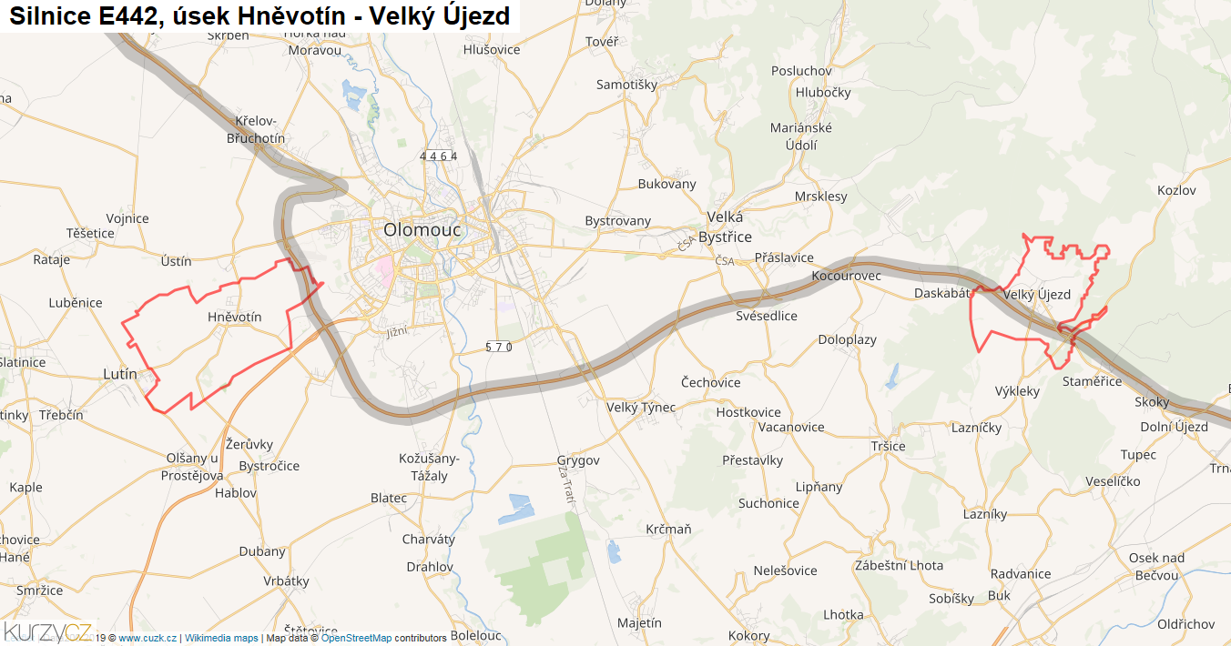 Úsek Hněvotín - Velký Újezd, Silnice E442 - Mapa