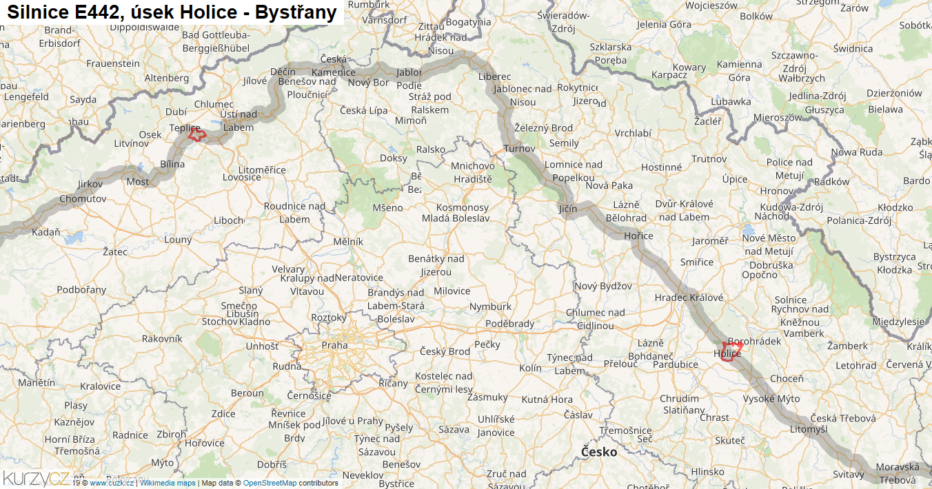 Úsek Holice - Bystřany, Silnice E442 - Mapa