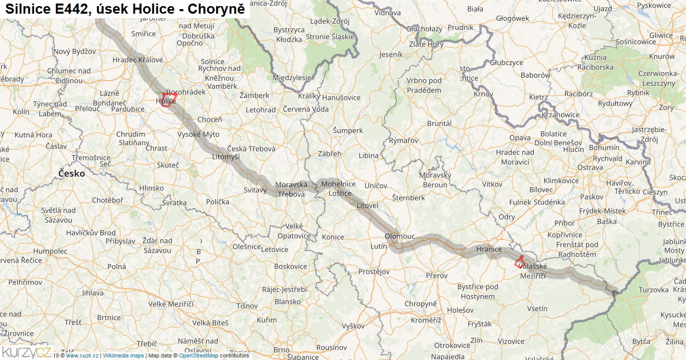 Úsek Holice - Choryně, Silnice E442 - Mapa