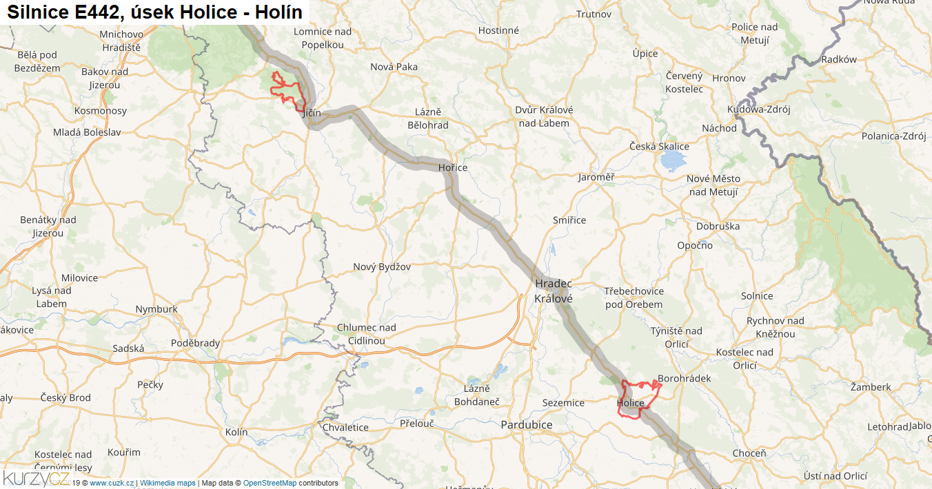 Úsek Holice - Holín, Silnice E442 - Mapa