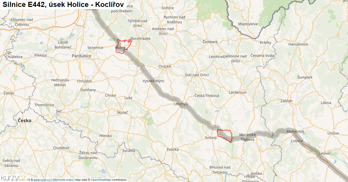 Úsek Holice - Koclířov, Silnice E442 - Mapa