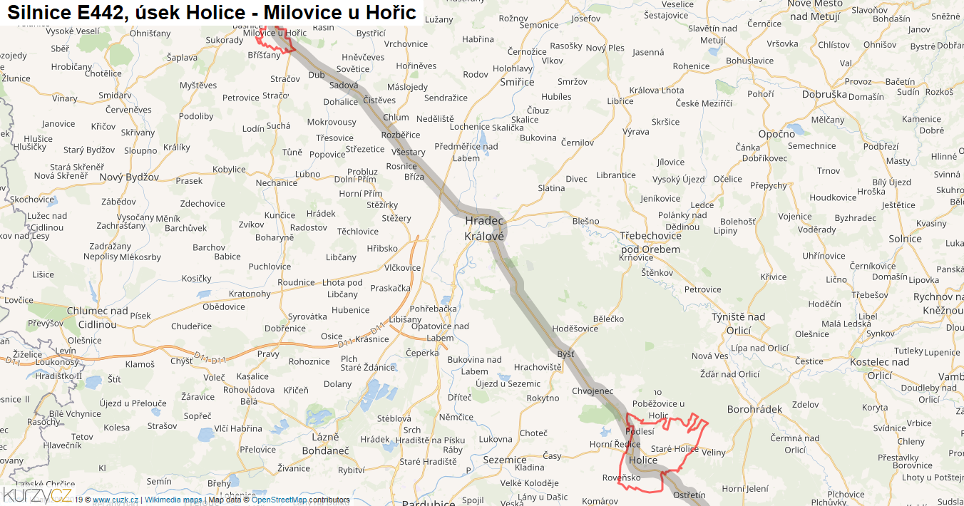 Úsek Holice - Milovice u Hořic, Silnice E442 - Mapa