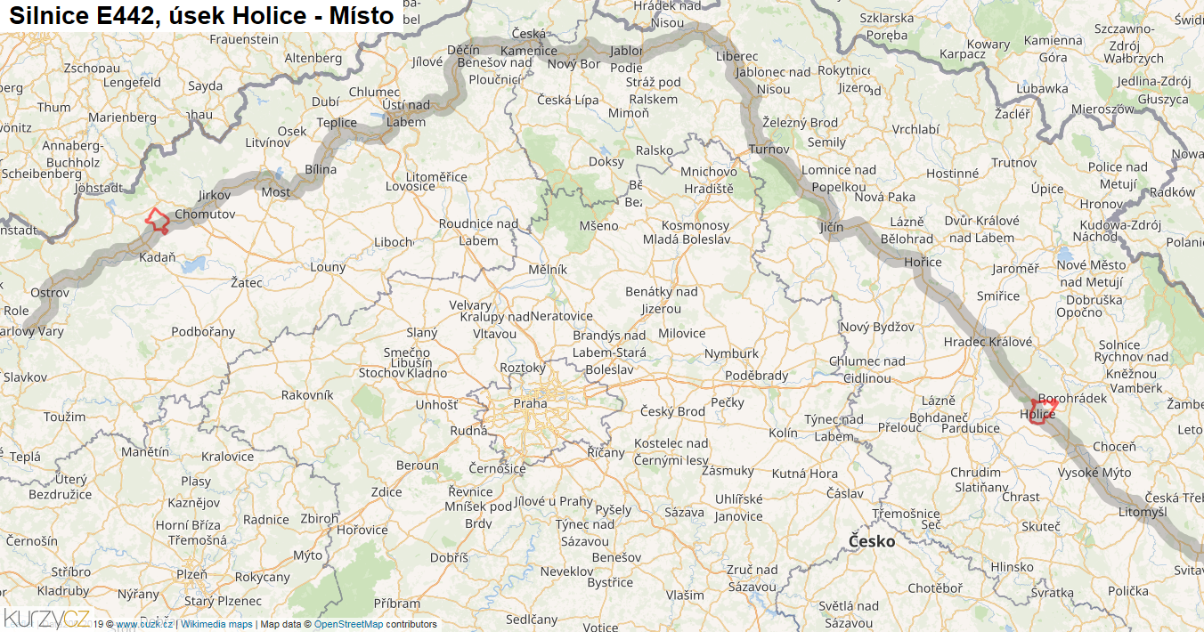 Úsek Holice - Místo, Silnice E442 - Mapa