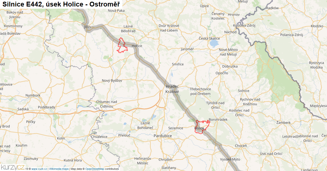 Úsek Holice - Ostroměř, Silnice E442 - Mapa