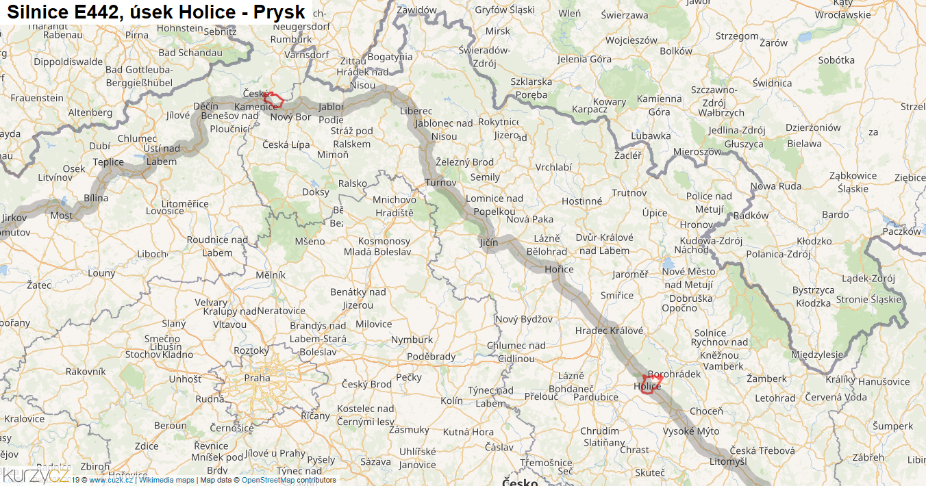Úsek Holice - Prysk, Silnice E442 - Mapa
