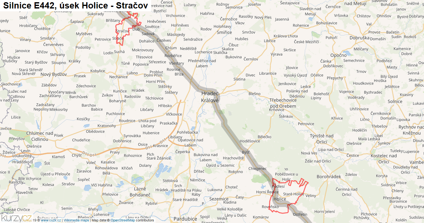 Úsek Holice - Stračov, Silnice E442 - Mapa