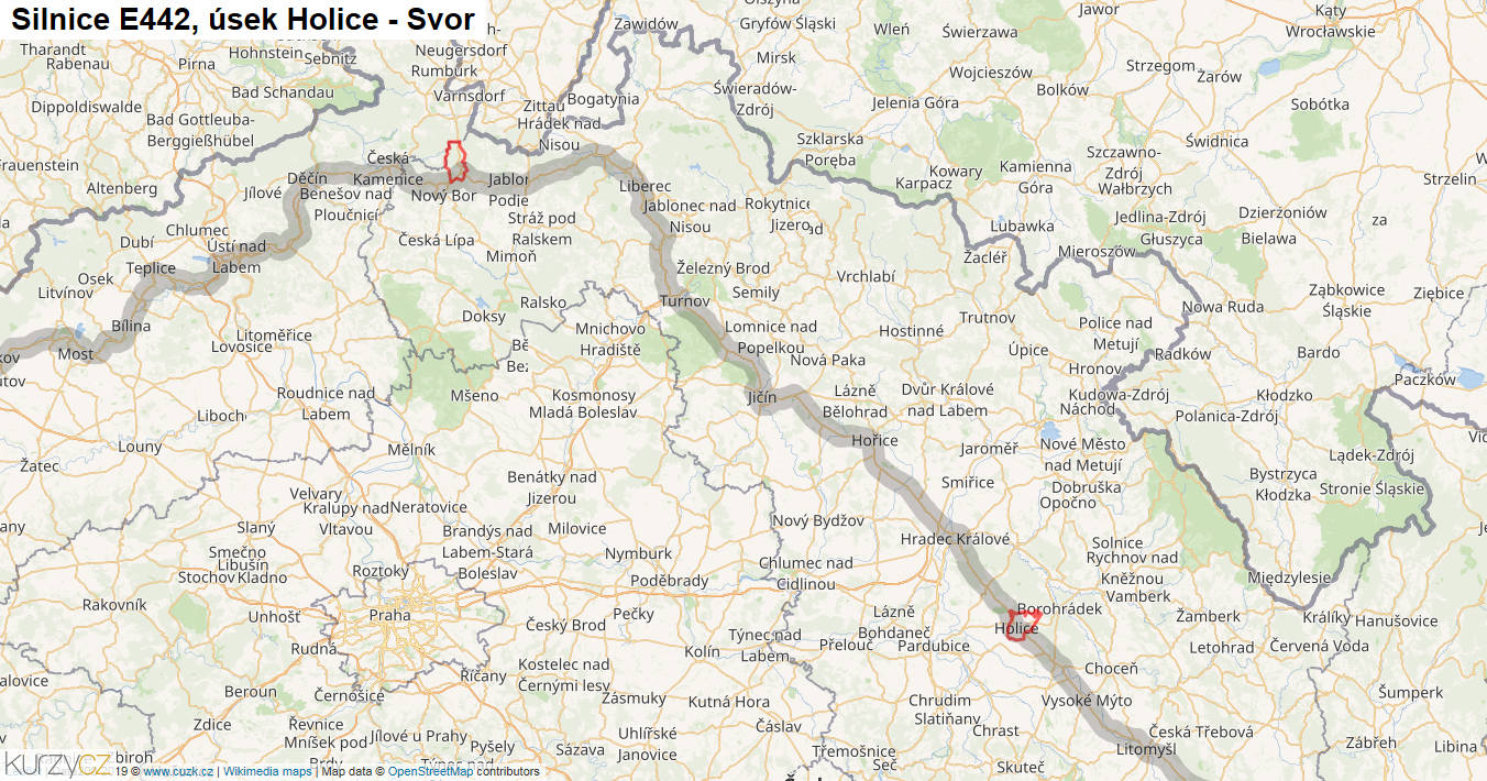 Úsek Holice - Svor, Silnice E442 - Mapa